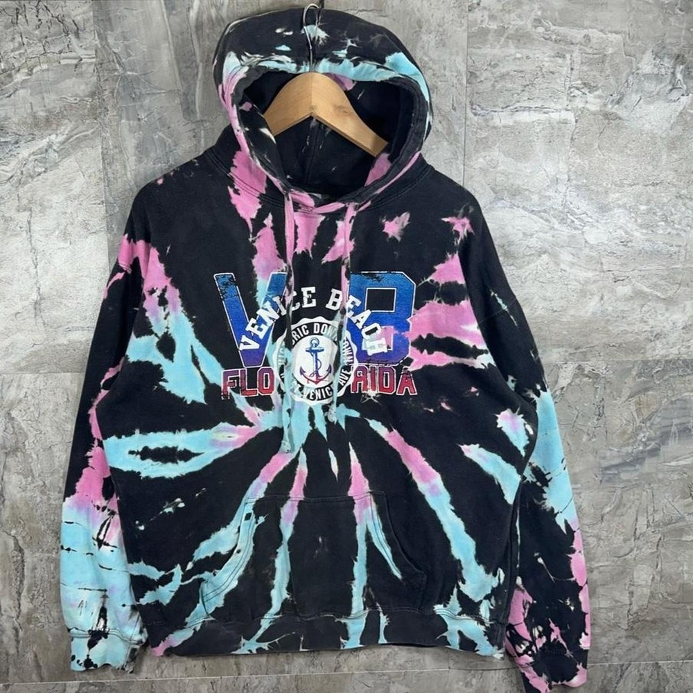 Venice Beach Florida tie-dye hoodie with black, pink, and light blue swirls L